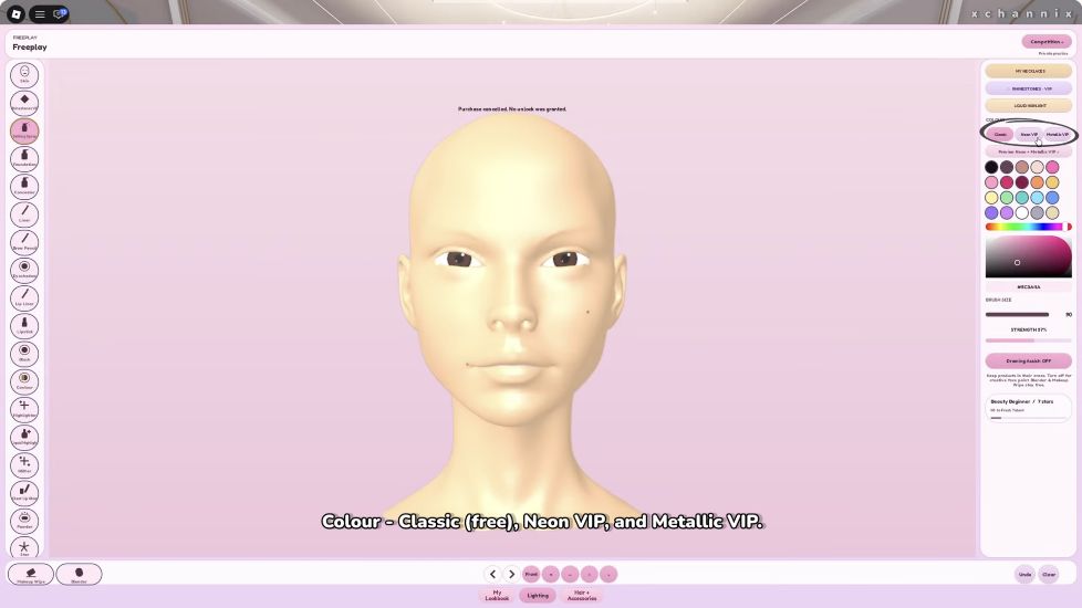 Makeup tools, color panel, brush settings and Undo / Clear controls