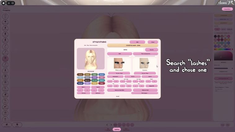 Style Studio: search for lashes and use the preview buttons below the results