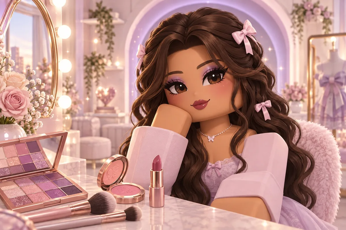 Game-inspired avatar with lilac eyeshadow, pink bows and a makeup palette at a pastel vanity